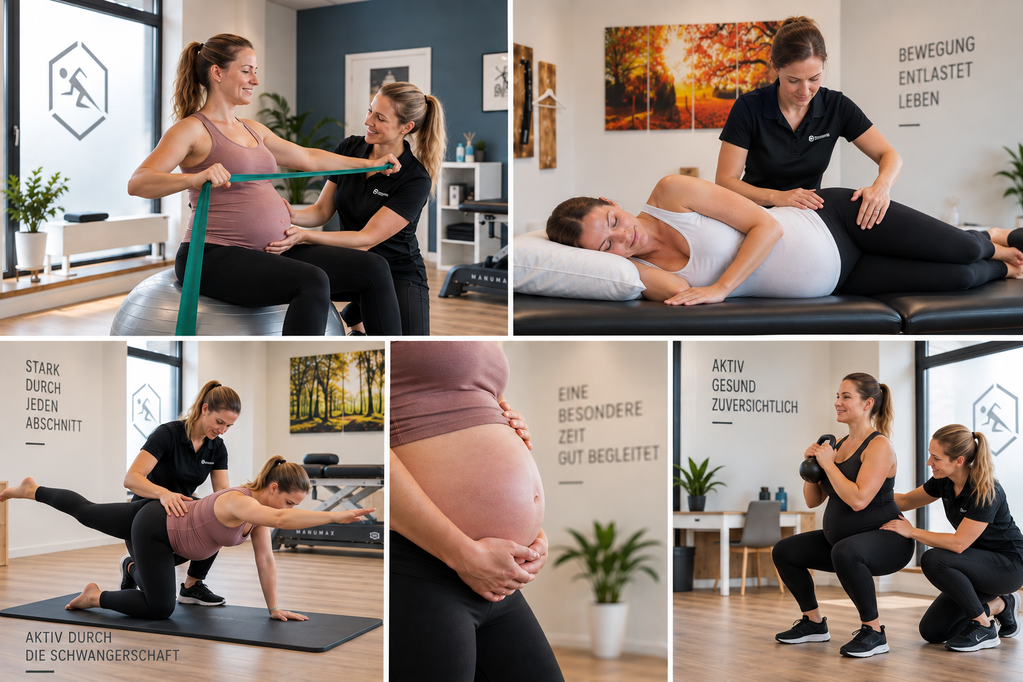 Pregnant woman doing exercises with assistance from a trainer in a gym, highlighting prenatal fitness routines in various poses.
