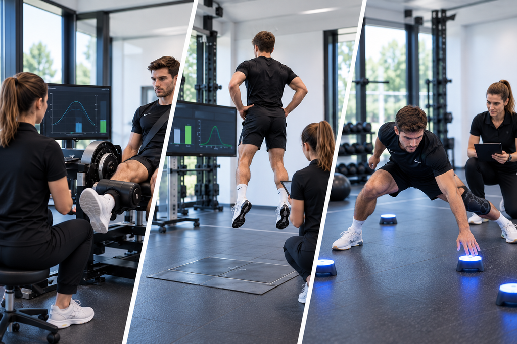 A man performs various exercises with a fitness trainer; leg press, vertical jump, and agility drills in a gym with digital feedback on screens.