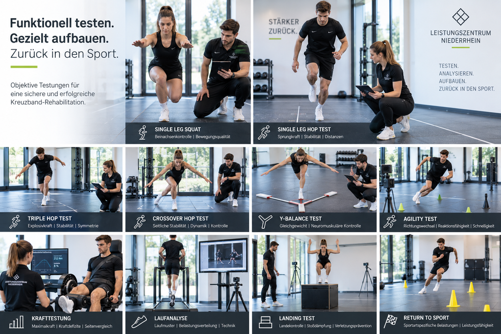 Athletes performing various physical tests, including squats, hops, and agility exercises, in a sports rehabilitation center.